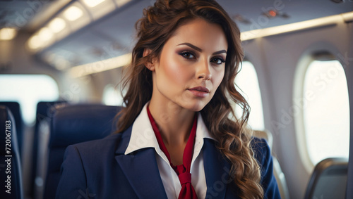 Stylish flight attendant posing, looking at camera. Portrait of flight attendant. Airways and airlines concept. Flight attendant or flight attendant works on airplane. Air travel, tourism concept © Inna