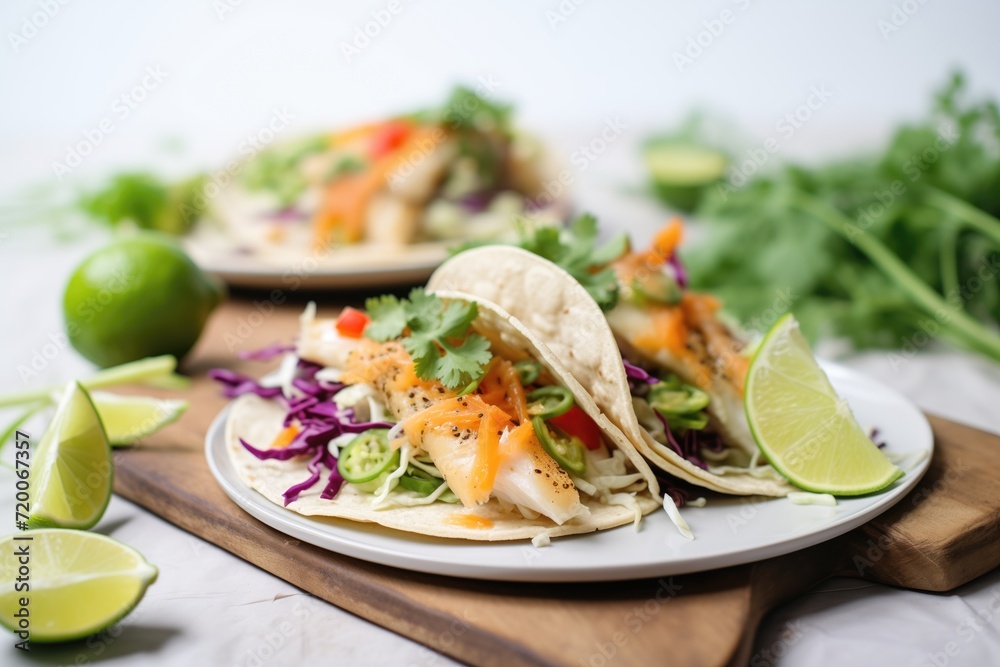 fish tacos with cabbage slaw and lime wedges