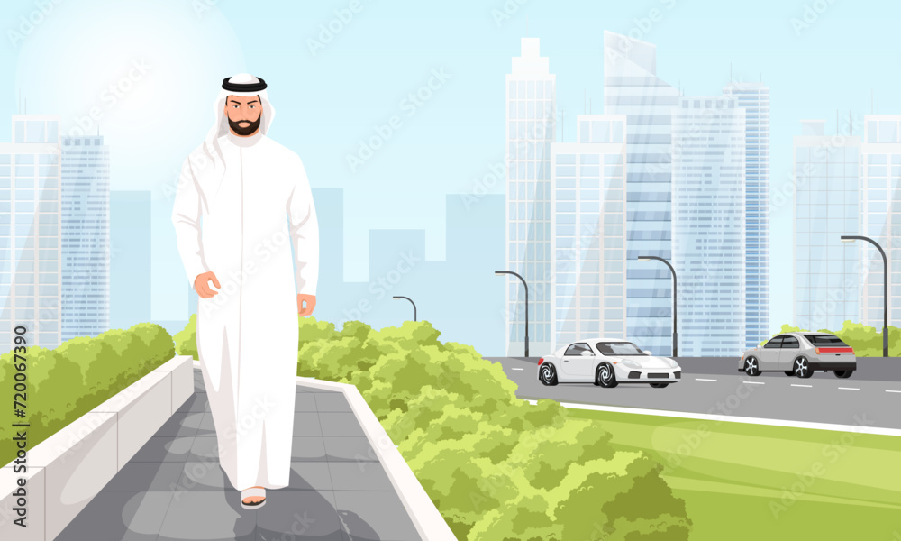 Arabic man walking near road in modern cityscape with panoramic view. Serious muslim man, handsome person, gorgeous person wearing white hijab. Islam religion fashion style. Vector illustration