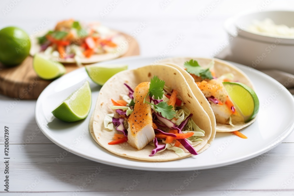 fish tacos with cabbage slaw and lime wedges fish tacos with cabbage slaw and lime wedges