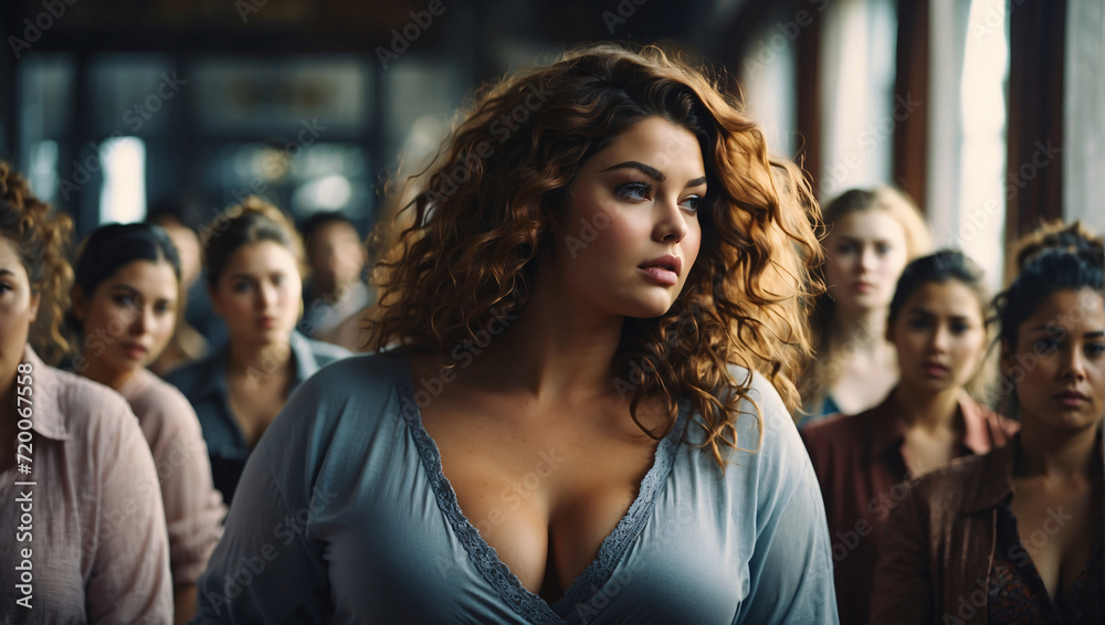 Group of beautiful girls of different ethnicities pose while looking at camera. The beauty of the female body. Plus-size fashion models. The modeling agency holds auditions for a variety of models