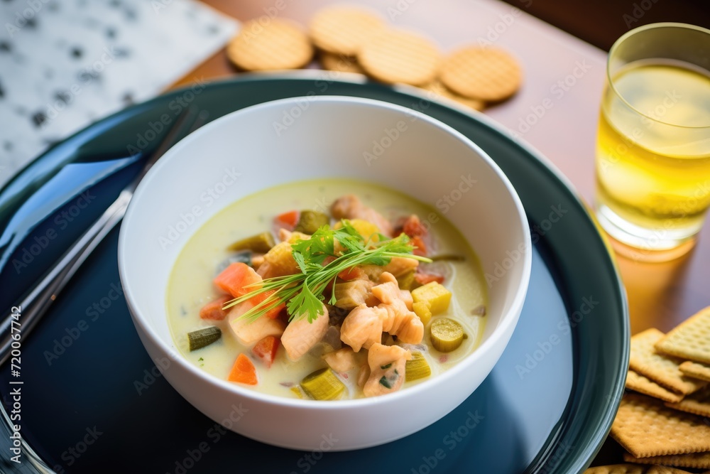 seafood chowder in a bowl with oyster crackers seafood chowder in a bowl with oyster crackers