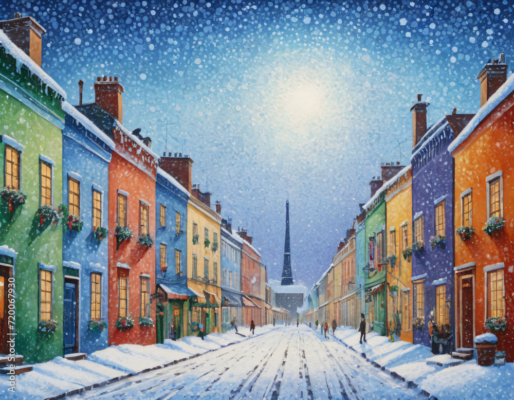 Obraz premium It's snowing in the city on Christmas Day.