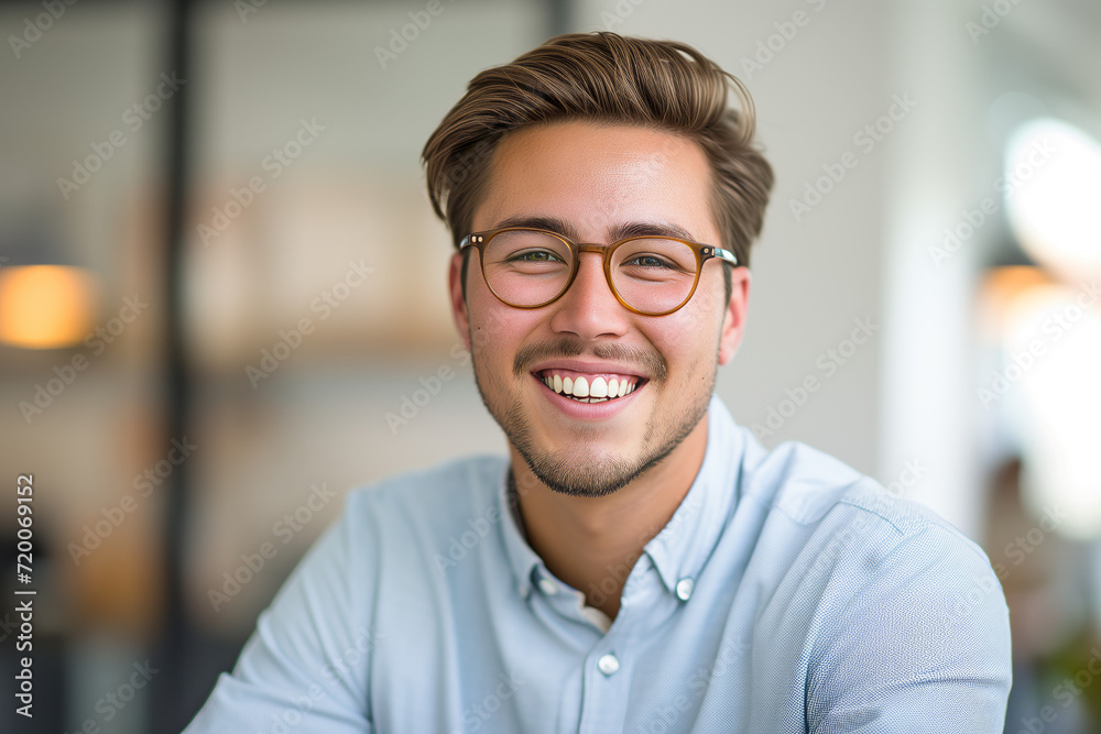 Obraz premium Cheerful Entrepreneur Portrait. Smiling young man with glasses, bright office backdrop.