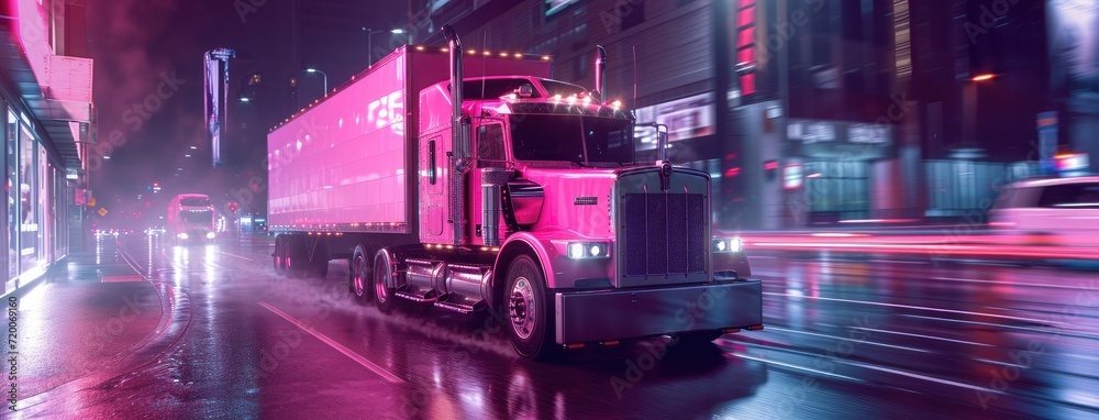 A truck navigates the road under the cover of night, its headlights piercing the darkness.