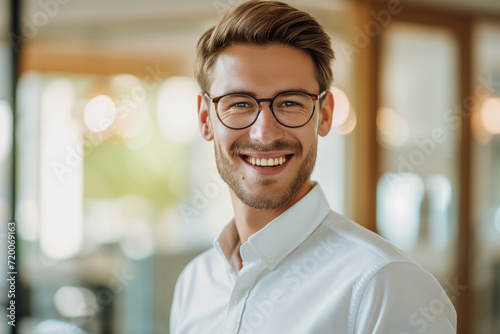 Cheerful Entrepreneur Portrait. Smiling young man with glasses  bright office backdrop.