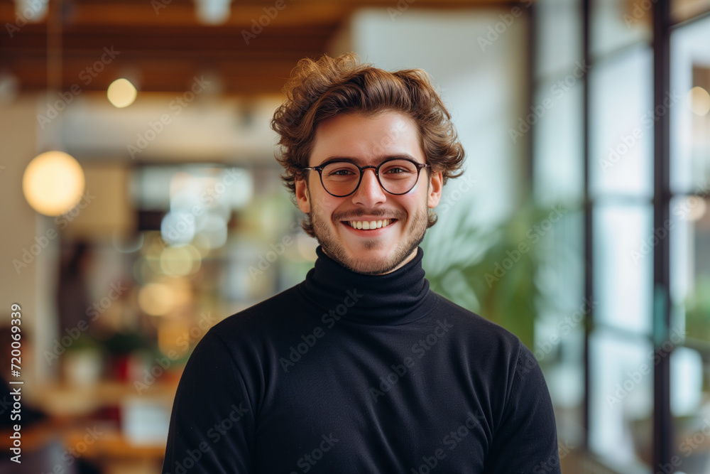 Smiling Young Man in Glasses Wearing Black Turtleneck. Cheerful young adult with curly hair and eyeglasses posing in a black turtleneck, with a bright, modern office space background. Smiling Young Man in Glasses Wearing Black Turtleneck. Cheerful young adult with curly hair and eyeglasses posing in a black turtleneck, with a bright, modern office space background.