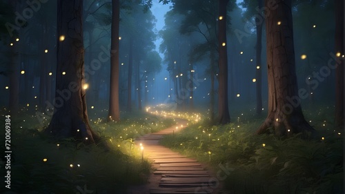 A mysterious forest path illuminated by the soft glow of fireflies © Waqasiii_Arts 