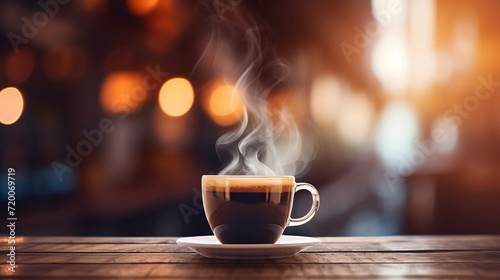 Cup of coffee with steam on bar counter against coffeeshop