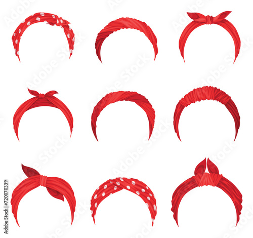 Retro headbands. Cartoon women bandanas. Hairstyle fashion vintage headscarves or fashion lady dressing accessoryes. Vintage feminine headwears or headgears