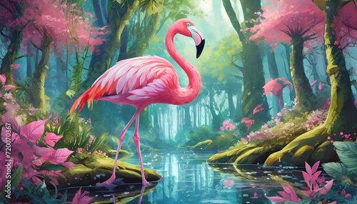 Flamingo stands in a magical fairytale forest with a stream © Animaflora PicsStock