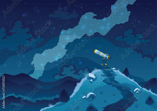 Telescope for space exploration, science discovery and astronomy studying. Background of dark sky with stars. Night landscape with glass on tripod on hill. Equipment for watching