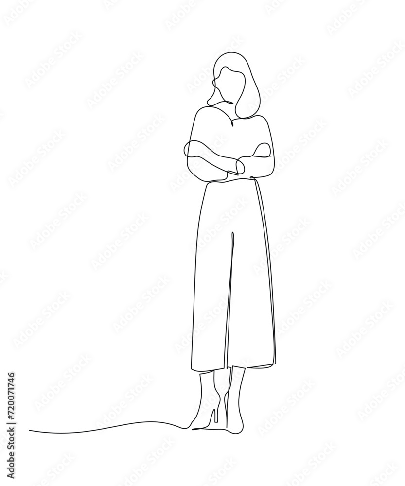 Single continuous line drawing young businesswoman standing with folded arms. Cute female with arms crossed standing isolated. Dynamic one line draw graphic design vector illustration Single continuous line drawing young businesswoman standing with folded arms. Cute female with arms crossed standing isolated. Dynamic one line draw graphic design vector illustration