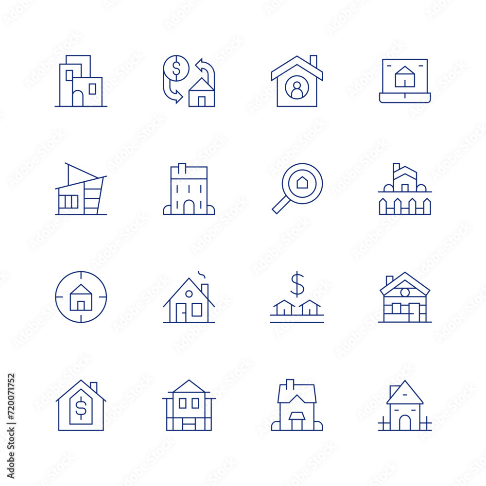 Real estate line icon set on transparent background with editable stroke. Containing mortgage, house, objective, realestate, buy, woodcabin.