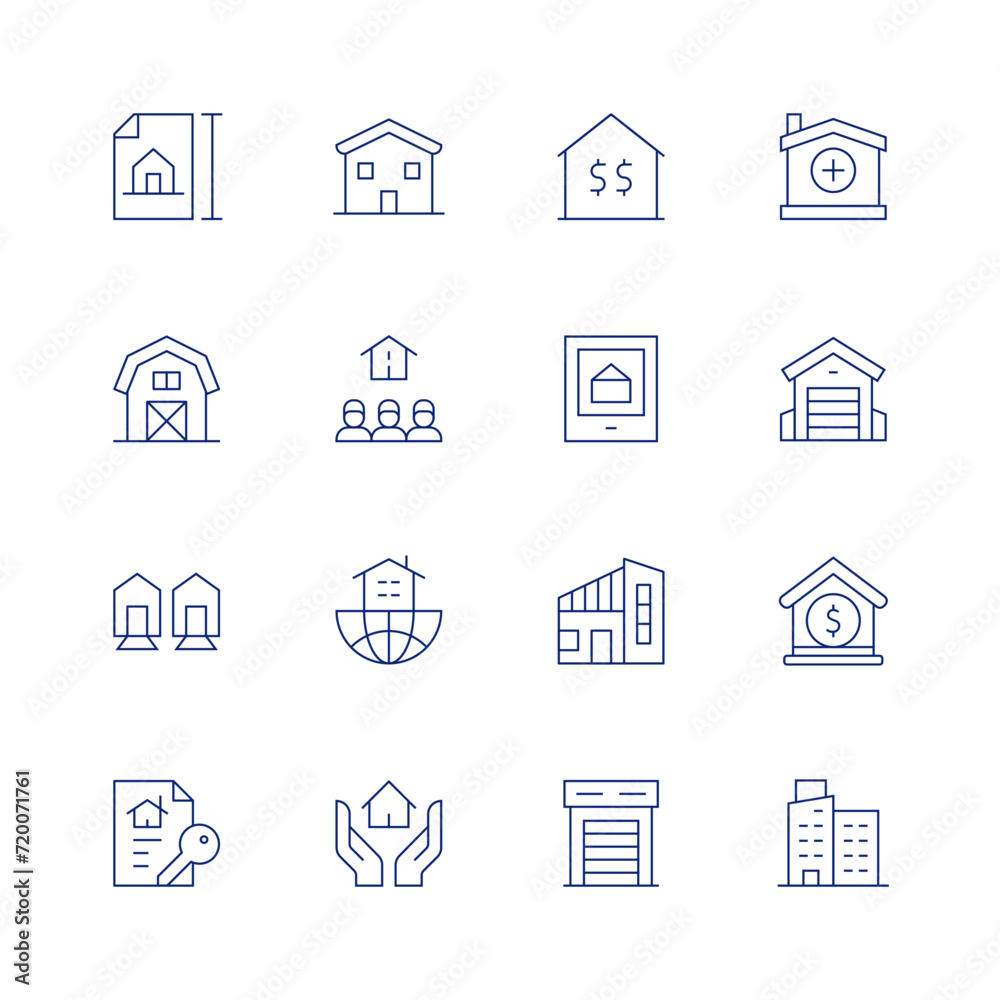 Real estate line icon set on transparent background with editable stroke. Containing house, project, inheritance, barn, realestate, mortgage, neighborhood, garage, modernhouse, property, apartment.