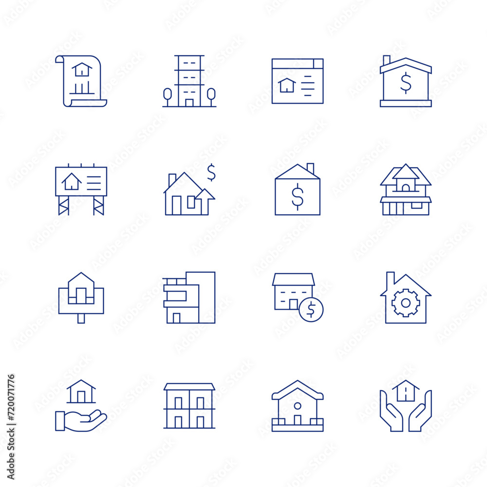 Real estate line icon set on transparent background with editable stroke. Containing condominium, apartments, realestate, modern, valuation, house, home, property, classichouse, inheritance.