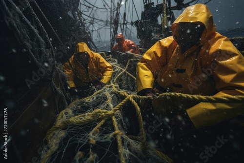 Fishermen teamwork on deck of vessel net fish at sea fighting with waves secure cargo. Storm ocean, rain, sailors wear yellow raincoats. Courage and perseverance to overcome difficulties photo