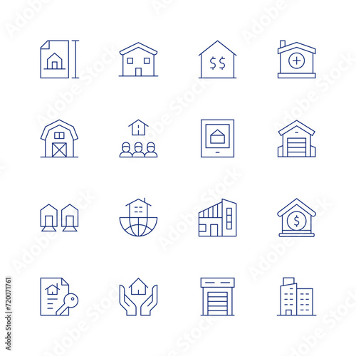 Real estate line icon set on transparent background with editable stroke. Containing house, project, inheritance, barn, realestate, mortgage, neighborhood, garage, modernhouse, property, apartment.