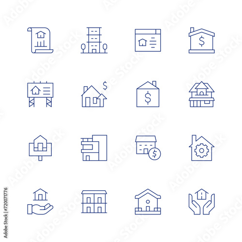 Real estate line icon set on transparent background with editable stroke. Containing condominium, apartments, realestate, modern, valuation, house, home, property, classichouse, inheritance.