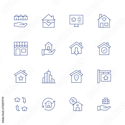 Real estate line icon set on transparent background with editable stroke. Containing shakinghands, house, building, realestate, location, bestproperty, installment, success, houseforsale.