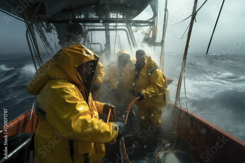 Fishermen teamwork on deck of vessel net fish at sea. Wavy storm ocean, rain, sailors wear yellow raincoats. Courage and perseverance to overcome difficulties