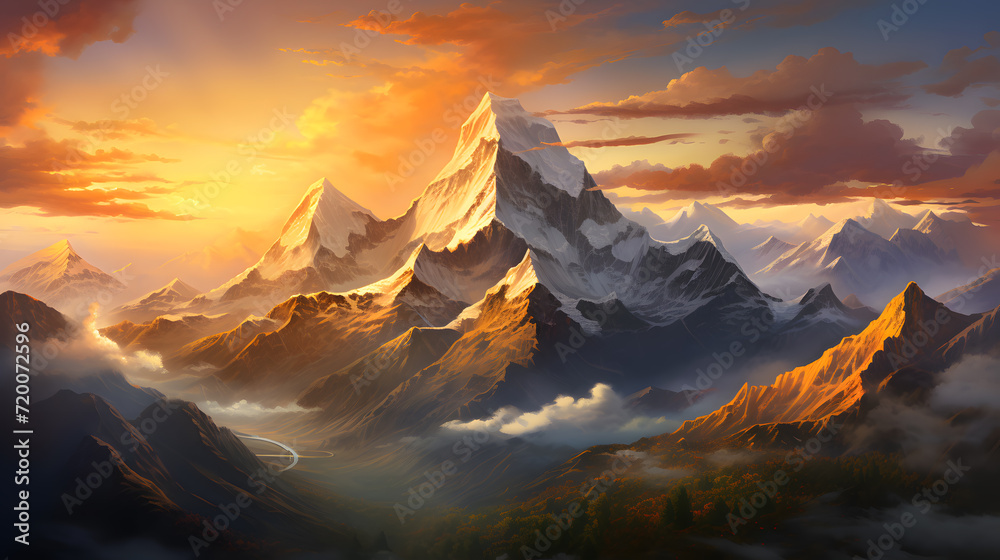 Φωτογραφία A breathtaking sunrise over towering mountain peaks, casting long shadows and revealing the serene majesty of nature when viewed from the lofty heights of the skies