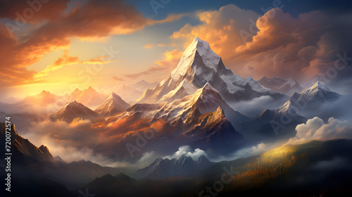 A breathtaking sunrise over towering mountain peaks, casting long shadows and revealing the serene majesty of nature when viewed from the lofty heights of the skies. © CanvasPixelDreams