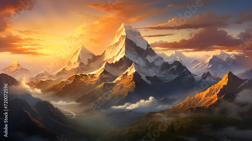 Billede på lærred A breathtaking sunrise over towering mountain peaks, casting long shadows and revealing the serene majesty of nature when viewed from the lofty heights of the skies