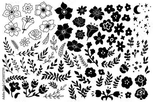 Black Flowers Linocut Graphic Set. Monochrome Daisy, Rose and Peony Elegant Botanical Collection. Spring Blossom Vector Icons Isolated on White Background. Cute Flowers for Logo, Invitation, Branding. photo