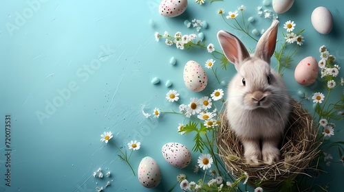 Easter Day background with easter bunny and cute easter eggs on blue background
