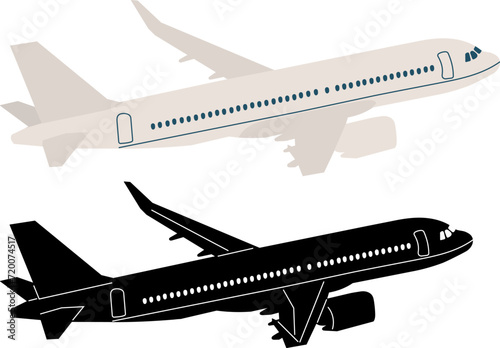 passenger plane flies, with a silhouette in a flat style on a white background, vector