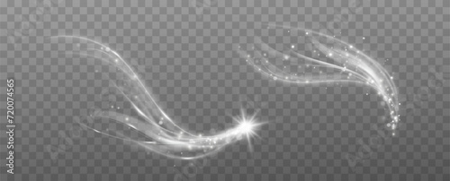 White magic spiral swirl line with dust.Light effect.Bright flash with wind curve on transparent background.Flying particles.Magic spiral, twisting effect with stars.