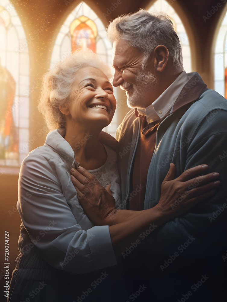 An elderly couple, a man and a woman, hugging. They look at each other with a loving gaze. Old people on a walk. Relationships in old age. Love and romance.