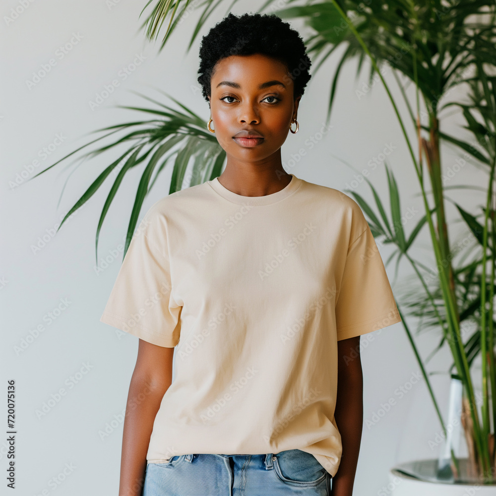 Beige T-shirt Mockup, Black Woman, Girl, Female, Model, Wearing an Beige Tee Shirt and Blue Jeans, Fitted Blank Shirt Template, Standing in a Room with Plants, Close-up View Beige T-shirt Mockup, Black Woman, Girl, Female, Model, Wearing an Beige Tee Shirt and Blue Jeans, Fitted Blank Shirt Template, Standing in a Room with Plants, Close-up View