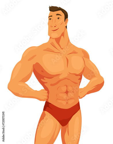 Strong and muscular bodybuilder standing. Muscleman character. Weightlifting, powerlifting or bodybuilding. Vector illustration