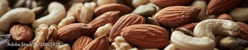 Close-up of mixed nuts and seeds, showcasing textures and natural colors, with a soft-focus background emphasizing health and nutrition photo