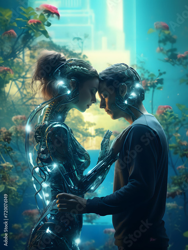 a portrait couple in love with robot, for use Valentines day
