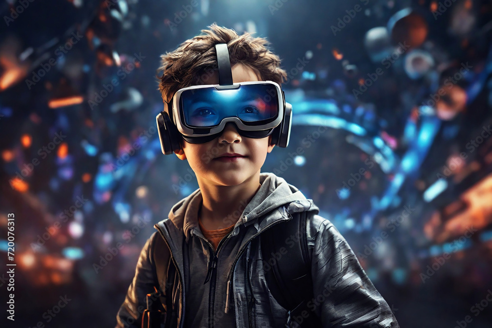 Cute little boy wearing virtual reality goggles. He is standing in front of the camera. Cute little boy wearing virtual reality goggles. He is standing in front of the camera.