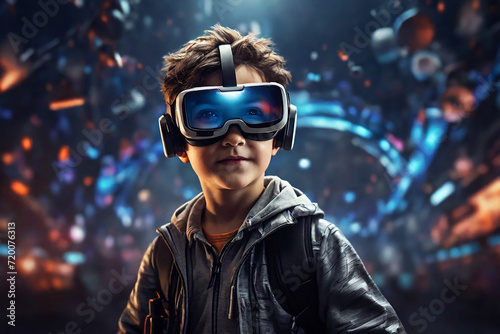 Cute little boy wearing virtual reality goggles. He is standing in front of the camera.