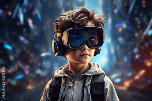 Portrait of a little boy wearing virtual reality goggles in a dynamic futuristic world. 