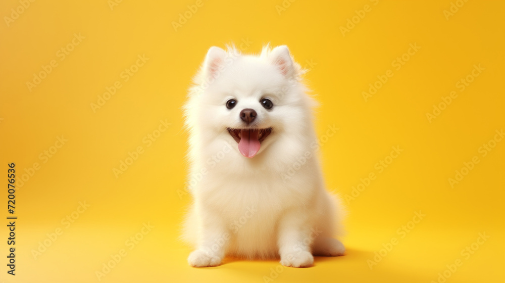 White Dog With Tongue Hanging Out. Isolated on a yellow background. Copy Space. Generative AI.