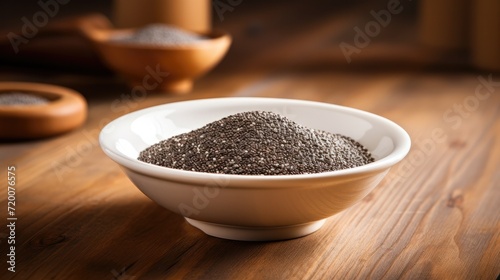 A small bowl of chia seeds on the kitchen table