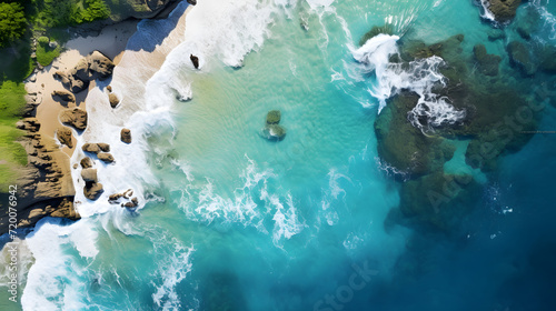 A coastal stretch seen from above, where azure waters meet golden shores, creating a mesmerizing blend of colors that showcase the allure of coastal paradises.