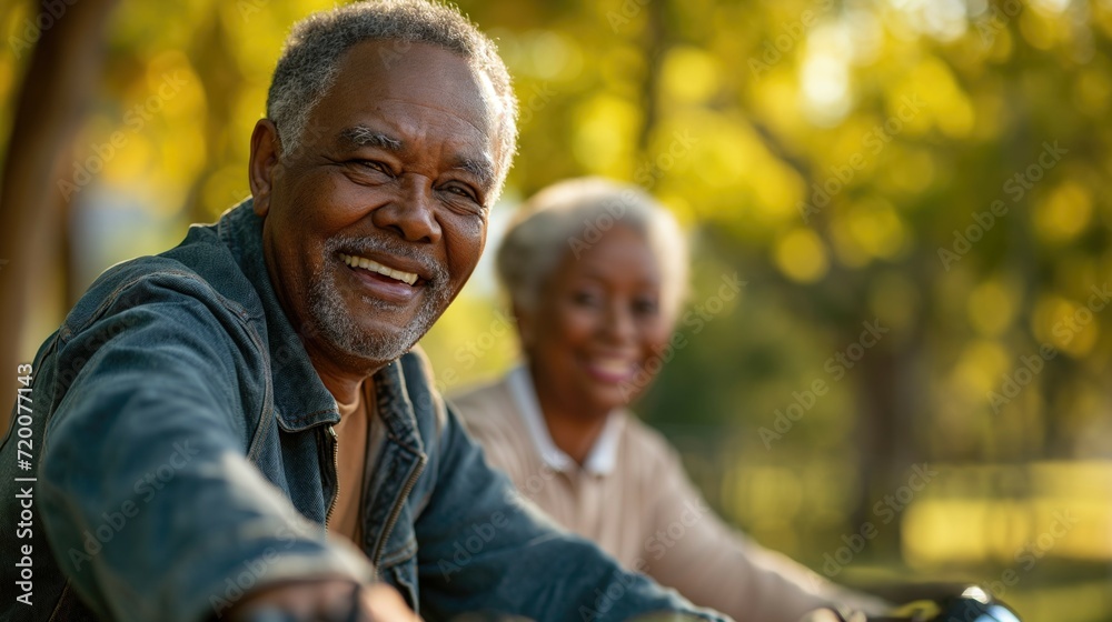 Close up elderly senior retired cheerful smiling african american black couple leading active lifestyle cycling in summer park on retirement