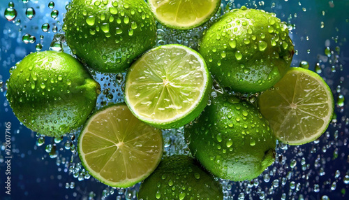 Cytrusy, owoce Limonki w wodzie. Tapeta, dekoracja. Generative AI