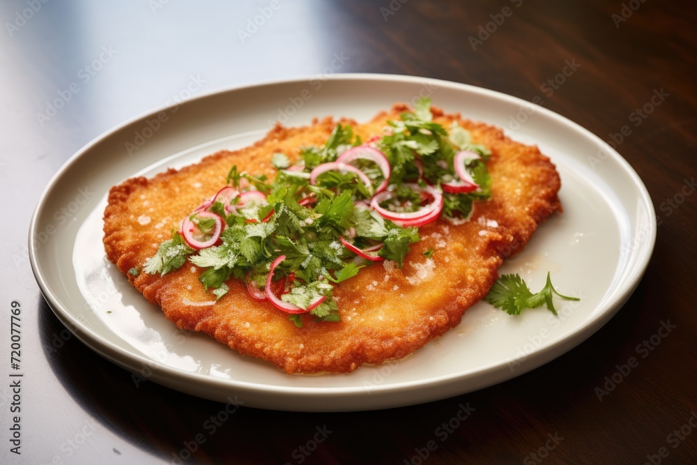 Argentinian Italian cuisine - Milanesa napolitana overhead view. Argentinian Italian cuisine - Milanesa napolitana overhead view.