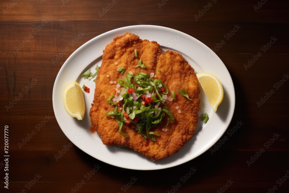 Argentinian Italian cuisine - Milanesa napolitana overhead view. Argentinian Italian cuisine - Milanesa napolitana overhead view.