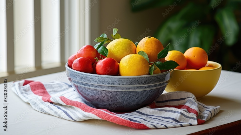 A bowl of fruits on a tabletop tea towel on simple minimal background A bowl of fruits on a tabletop tea towel on simple minimal background