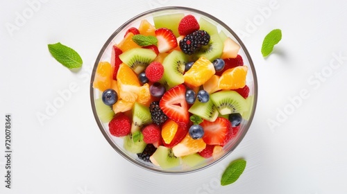 A bowl of fruit salad top view on the white table