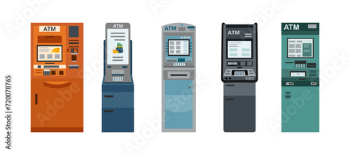 Set of ATM machines isolated on white background. Cash machine. Banking technology.